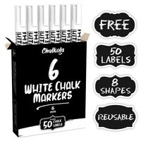 Liquid Chalk Marker Pen - White Dry Erase Chalk Markers for Chalkboard Signs, Windows, Blackboard, Glass - 6mm Reversible Tip (6 Pack) - 50 Chalkboard Labels Included