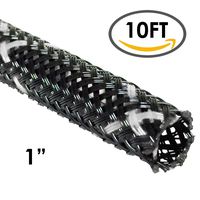 1" PET High Flame Retardant Expandable Braided Sleeving - Black w/White Tracer - 10FT