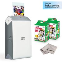 Fujifilm Instax Share Smartphone Printer SP2 (Silver) + Fuji Instax Mini Twin Pack Instant Film (40 Sheets) + Microfiber Cleaning Cloth - Super Value Instant Printer Bundle