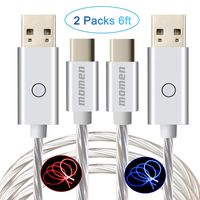 USB C Cable, Momen USB C Charger (2 Pack/6FT), LED Light Up Fast Charger for Samsung Galaxy Note 9 8 S8 S9 S10 Plus S10e,Google Pixel,Nintendo Switch,Nexus,LG V30 V20 G6 5 (Blue&Red Light)
