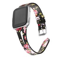 bayite Leather Bands Compatible with Fitbit Versa/Versa 2, Slim Wristband with Ventilated Hole Replacement Accessories Strap Versa Women Men, Black/Pink Floral