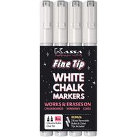 Kassa White Chalk Markers Fine Tip (4 Pack 3mm) - Chalkboard Markers Erasable - Wet Erase Markers for Glass Blackboard Windows - Liquid Chalk Pens Include Dual Chisel & Bullet Tip