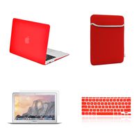 TOP CASE - 4 in 1 Essential Bundle Rubberized Hard Case, Keyboard Cover, Screen Protector and Sleeve Bag Compatible MacBook Air 11" A1370 & A1465 - Red