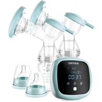 Zomee Double Electric Breast Pump - Milk Flow Stimulating Massage with 9 Express Modes and Speeds - Comfortable Cushion Shields, LCD Screen, Anti Backflow System - Battery or AC Adapter - By Zomee