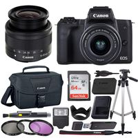 Canon EOS M50 Mirrorless Camera Body w/4K Video + Canon EF-M 15-45mm f/3.5-6.3 is STM + 64GB SDHC Memory Card + Canon 100ES Case + Tripod + flash reader pen blower filter kit tulip hood - Value Bundle