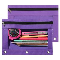 TIENO 2 Pencil Pouches 3 Ring Zipper Binder Pocket with Clear Window Fabric Binder Case 9.5 x 7 Stationery Organizer Purple