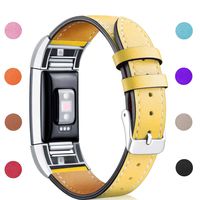 Hotodeal Replacement Leather Band Compatible for Charge 2, Classic Genuine Leather Wristband Metal Connector Watch Bands, Fitness Strap Women Men Small Large (Yellow- Silver Buckle)