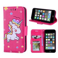 iPod Touch 5/6 Case Wallet Phone Case PU Leather Kickstand Card Slot Premium Flip Cover Fashionable for Apple 4 inch, Unicorn Red