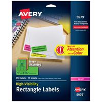 Avery Neon Address Labels with Sure Feed for Laser Printers, 1 x 2 5/8", Assorted Colors, 450 Labels (5979)