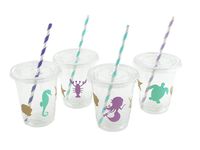 Mermaid Cups - 12 Set Plastic Lids Straws Birthday Party Supplies Baby Shower
