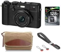 Fujifilm X100F 24.3 MP APS-C Digital Camera - Black, Bundle Kit with Fujifilm F-5XB Shoulder & Belt Canvas Camera Bag + 128GB SD Card + Peak Design Camera Cuff Wrist Strap