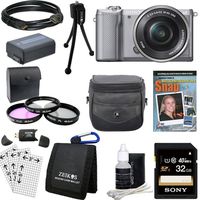 Sony Alpha a5000 Mirrorless 20.1MP Digital Camera with 16-50mm Lens Silver Bundle with 32GB Memory Card, Camera Bag, Camera Battery, 40.5mm Kit, Training Guide, Table-top Tripod and HDMI Cable