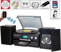 7-in-1 Boytone BT-24DJB Turntable with Bluetooth Connection, 3 Speed 33, 45, 78 Rpm, CD, Cassette Player AM, FM USB, SD Slot, Aux Input. Encoding Vinyl & Radio & Cassette To-MP3, Remote control