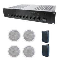 Store/Office/Restaurant Business Background Music Sound System- Amp, 4 Ceiling Speakers, 2 Outdoor Speakers, 2 Volume Controls +