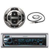 Kenwood Single DIN Marine Boat Yacht USB CD Player Bluetooth Stereo Receiver, Kenwood Wired Remote, 22" Enrock AM/FM Antenna