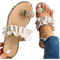 Challyhope Sweet Cute Pineapple Pearls Sandals Clip Toe Flip Flops Boho Casual Flat Slippers Beach Shoes for Women Girls (US:8, Beige - Ruffles)