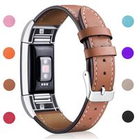 Hotodeal Replacement Leather Band Compatible for Charge 2, Classic Genuine Leather Wristband Metal Connector Watch Bands, Fitness Strap Women Men Small Large (Brown- Silver Buckle)