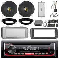 JVC KDR490 CD Receiver Bundle/2 Kicker 6.5" Speaker + Motorcycle Speaker Adapters + Amplifier + Dash Kit W/Radio Cover + Handle Bar Conrol for 98-2013 Harley Davidson + Enrock Antenna