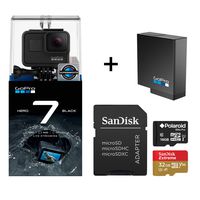 GoPro Hero 7 Black Action Camera + Extra USA Battery + Sandisk 32GB MicroSDHC U3 and Free Polaroid 16GB MicroSD Memory Card