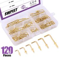 Swpeet 120Pcs 6 Sizes Gold Brass Plated Metal Screw-in Square Bend Hooks Kit, Gold Square Bend Hooks Self-Tapping Screws Hooks for Home/Workplace/Office