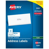 Avery Address Labels for Copiers 1 x 2-13/16, Box of 3,300 (5351), White