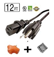 12 ft Long Power Cord for VIZIO Television VW26LHDTV20F + 3 Outlet Grounded Power Tap