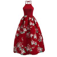 Women Halter Floral Long Swing Dress Sleeveless Prom Party Ball Gown Formal Evening Beach Maxi Dress (Wine, XL)