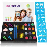 Face Paint Kit for Kids 12 Colors Face Paint Crayons, 12 Colors Washable Paints, 3 Brushes, 4 Sponges, 2 Shimmering Glitter Gels, 4 Body Paint, 30 Stencils and 1 Plastic Gloves