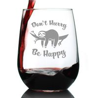 Don't Hurry, Be Happy - Sloth Stemless Wine Glass - Large 17 Oz - Cute Funny Sloth Gifts for Women