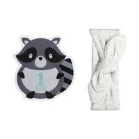 Baby Monthly Milestone Stickers- Animal First Year Set of 0 to 12 Month Onesie Belly Clings for Photo Scrapbook Keepsakes with Matching Headband (Grey Raccoon with Matching Headband)