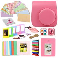 Camera Case for Fuji instax Mini 9 and Mini 8 Instant Camera + 20 Assorted Border Stickers + Colorful Picture frames + Photo Album + Selfie Mirror + 4 color filters + more accessories. (FLAMINGO PINK)