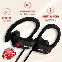 AHADU Bluetooth Headphones, AHBT-101, Best Wireless Sport Workout Earphones w/Microphone 12+ Hrs Battery Life IPX7 Water/Sweat Proof Secure Fit Light Weight Stereo Sound Earbuds w/Noise Cancelling