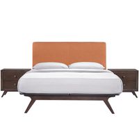 Modway Tracy Mid-Century Modern Wood Platform Queen Size Bed with Two Nightstands in Cappuccino Orange