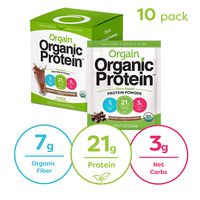 Orgain Organic Plant Based Protein Powder Travel Pack, Creamy Chocolate Fudge - Vegan, Low Net Carbs, Non Dairy, Gluten Free, Lactose Free, No Sugar Added, Soy Free, Kosher, Non-GMO, 10 Count