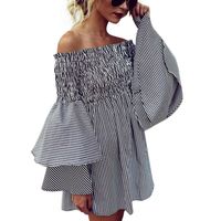 Womens Flared Long Sleeve Dress, Balakie Ladies Holiday Casual Off Shoulder Stripe Party Dresses (S, Black)