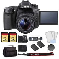 Canon EOS 80D DSLR Camera with 18-55mm Lens Bundle Kit with Carrying Bag + 2X 64GB Memory Cards + Spare Battery + More - International Model
