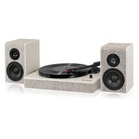 Victrola Modern 3-Speed Bluetooth Turntable with 50 Watt Speakers, White Wood and Linen Fabric Finish