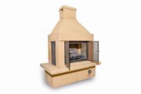 Mirage Stone Outdoor Fireplace - 3 Screen Door Design for Patio or Yard - Fire Place Screen Covers Keep Embers From Escaping - Propane Valve and Regulator with Faux Logs and Grate Included (Tan)