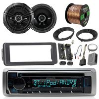 Kenwood KMRD365BT Marine Stereo Receiver Bundle Combo With 2x Kicker 6.5" Speakers W/ Install brackets, Dash Kit + Handle Bar Control For 1998-2013 Harley Motorcycles + Enrock 50Ft 16g Speaker Wires