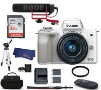 Canon EOS M50 Mirrorless Digital Camera with 15-45mm Lens Video Creator Kit - White (USA Warranty) Bundle, Includes: 32GB SDHC Class 10 Memory Card + Full Size Tripod + Spare Battery + More