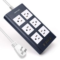 15A Power Strip Surge Protector - JACKYLED Flat Plug 9.8ft Long Extension Cord 3.1A 4 USB Ports 6-Outlet Fast Charging Electric Outlet Fireproof Desktop Charger for Phone Computer - Blue White
