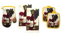 Lobyn Value Packs Kitchen Towel 5 Piece Linen Set 2 Towels 2 Pot Holders 1 Oven Mitt (Red Wine Yellow Trim)