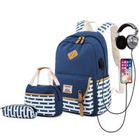Delapuy Canvas Waterproof Backpack Set for College Girls Women USB Charging Port Fits 14" Laptop Backpack Daypack School Bookbag (Blue)