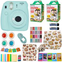 Fujifilm Instax Mini 9 Instant Camera Blue + Fuji Instax Film Twin Pack (40PK) + Emoji Camera Case + Frames + Photo Album + 4 Color Filters More Top Accessories Bundle