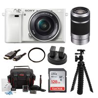 Sony Alpha a6000 Mirrorless Camera (White) w/ 16-50mm & 55-210mm Lens (Silver) and 128GB SD Card Bundle