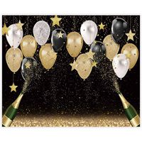 Allenjoy 10x8ft Fabric Black Golden Backdrops Party Decoration Happy Birthday Banner Favors Balloon Glitter Stars Champagne Bachelorette Party Background Supplies Baby Bridal Shower Photo Studio Props