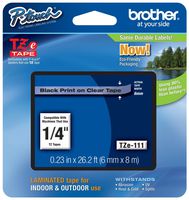 Brother Genuine P-Touch TZE-111 Tape, 1 1/4" (6 mm) Standard Laminated P-Touch Tape, Black-on-Clear, Laminated for Indoor or Outdoor Use, Water-Resistant, 0.23 in. x 26.2 ft (16 mm x 8 mm), Single-Pack