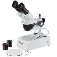 AmScope SE305R-PX Forward-Mounted Binocular Stereo Microscope, WF5x and WF10x Eyepieces, 5X/10X/15X/30X Magnification, 1X and 3X Objectives, Upper and Lower Halogen Lighting, Reversible Black/White Stage Plate, Pillar Stand, 120V