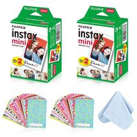 Fujifilm Instax Mini Instant Film Twin Pack (White) with Tangible Creation Microfiber Cleaning Cloth & Assorted Colorful Decoration Stickers for Fujifilm Mini 8 & Mini 9 Cameras (40 Film Sheets)