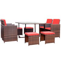 Devoko 9 Pieces Patio Dining Sets Outdoor Space Saving Rattan Chairs with Glass Table Patio Furniture Sets Cushioned Seating and Back Sectional Conversation Set (Red)